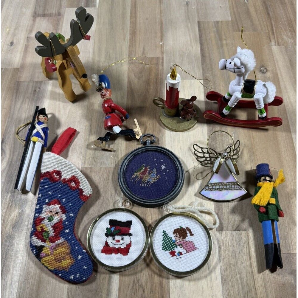 Vintage 11 Christmas Ornament Kitsch Rocking Horse Deer Soldier Needlepoint